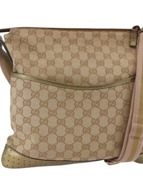 Authentic GUCCI GG Canvas Shoulder Bag Beige Gold 145857